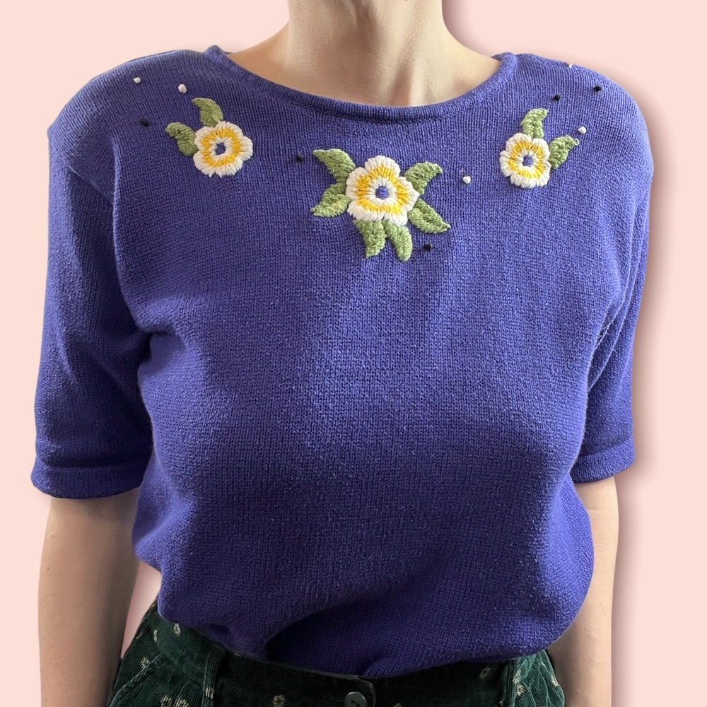 80s 90s Cottage Purple Yellow Floral 100% Cotton Embroidered Sweater Womens Med
